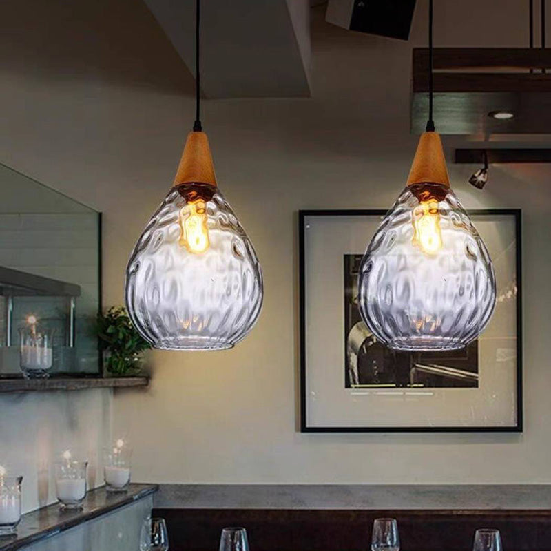 Salen Vintage LED Suspension Ambre Verre Bois Chambre à coucher-Luire