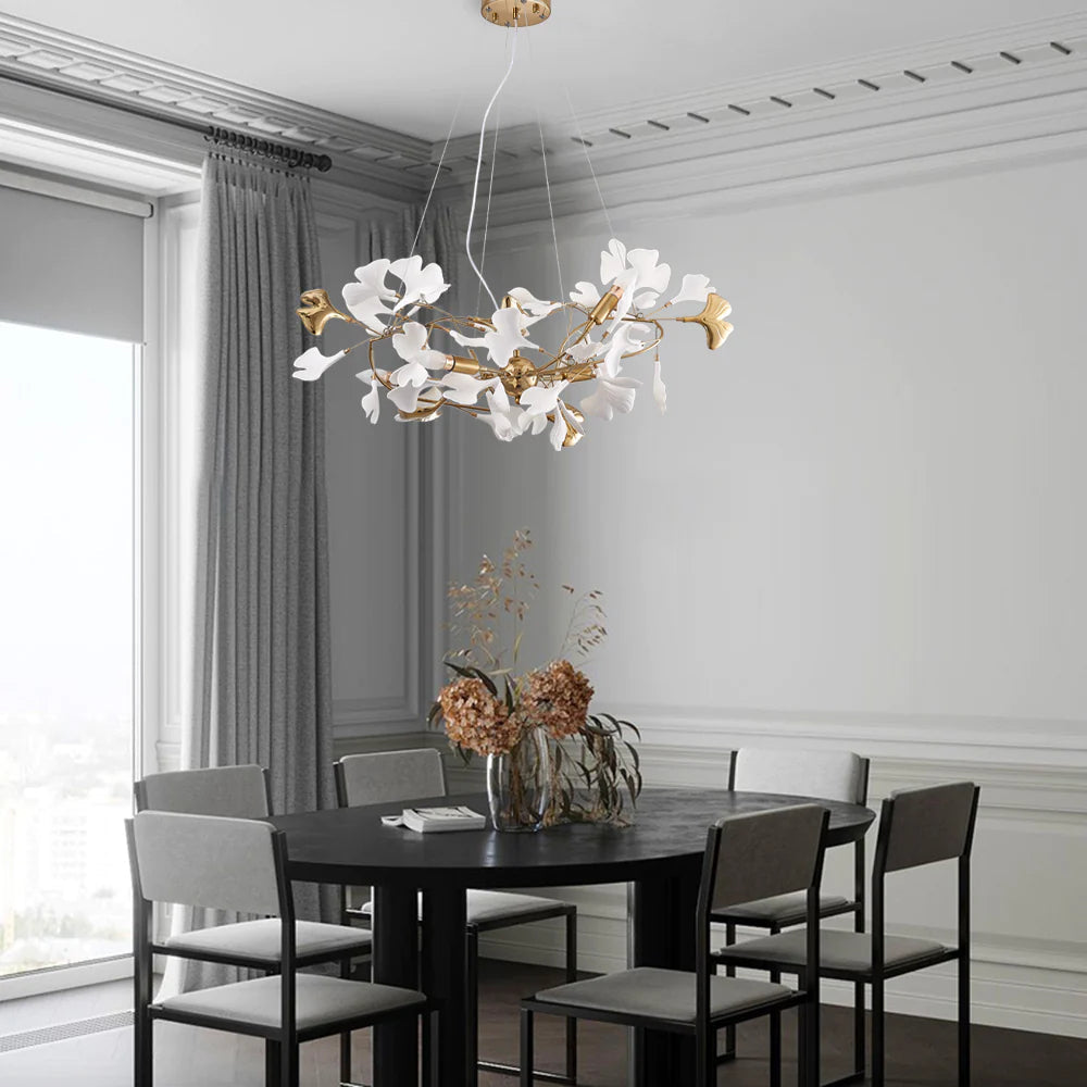 Korinor Lustre Suspension Feuille Artistic Design. Métal/Céramique. Blanc. Salon-Luire