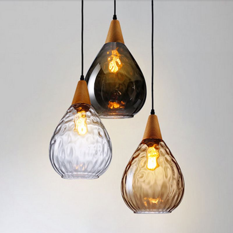 Salen Vintage LED Suspension Ambre Verre Bois Chambre à coucher-Luire