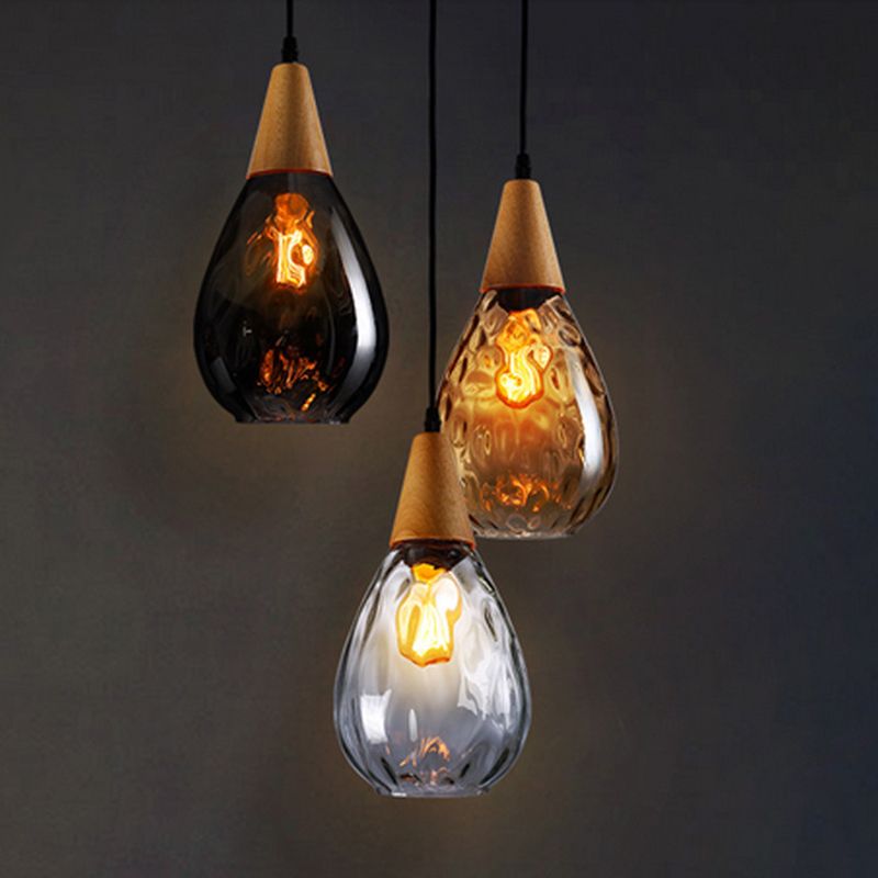 Salen Vintage LED Suspension Ambre Verre Bois Chambre à coucher-Luire